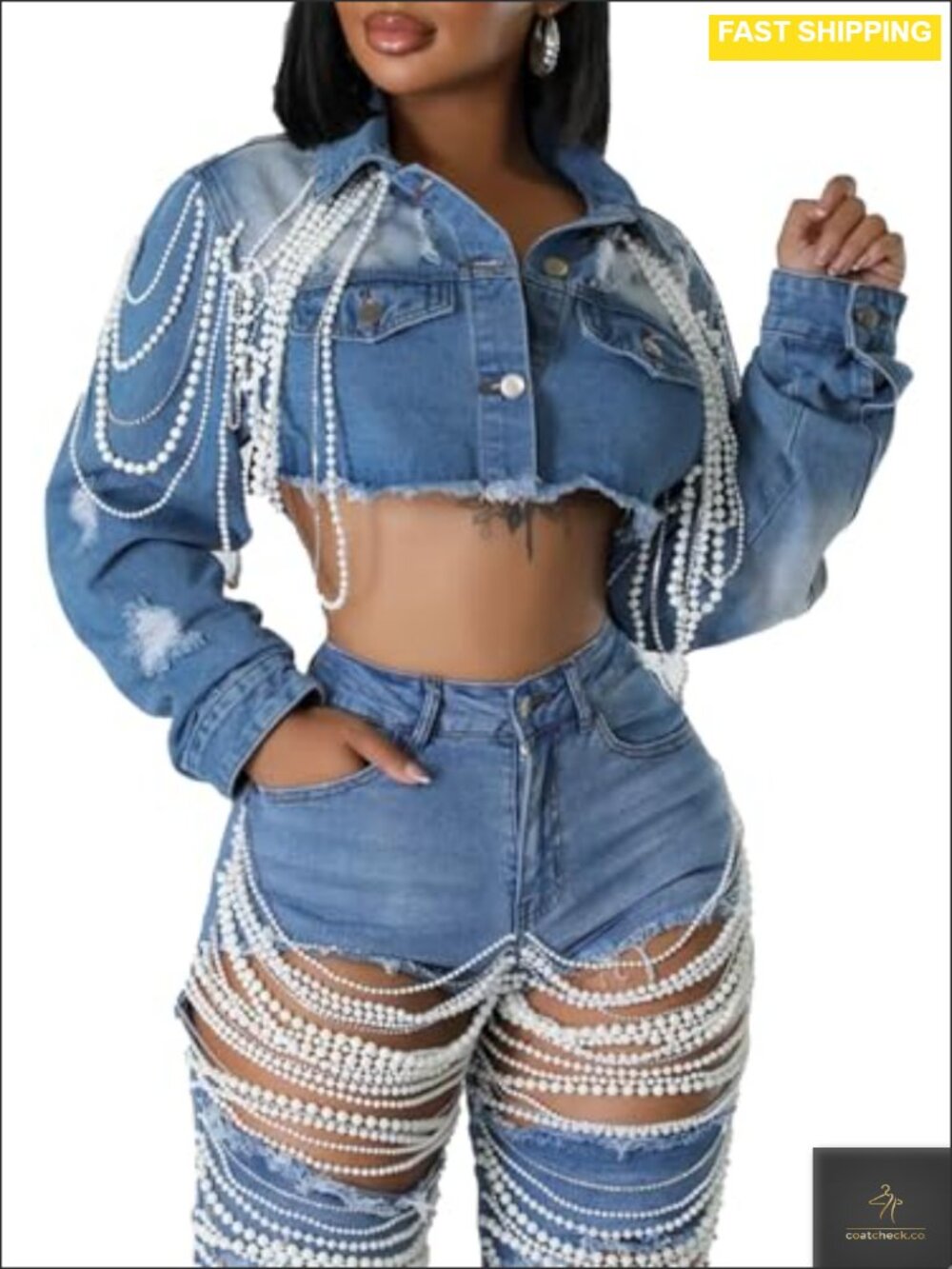 Women's Cropped Denim Jacket Polyester Spandex Pearl Ripped Jean Coat